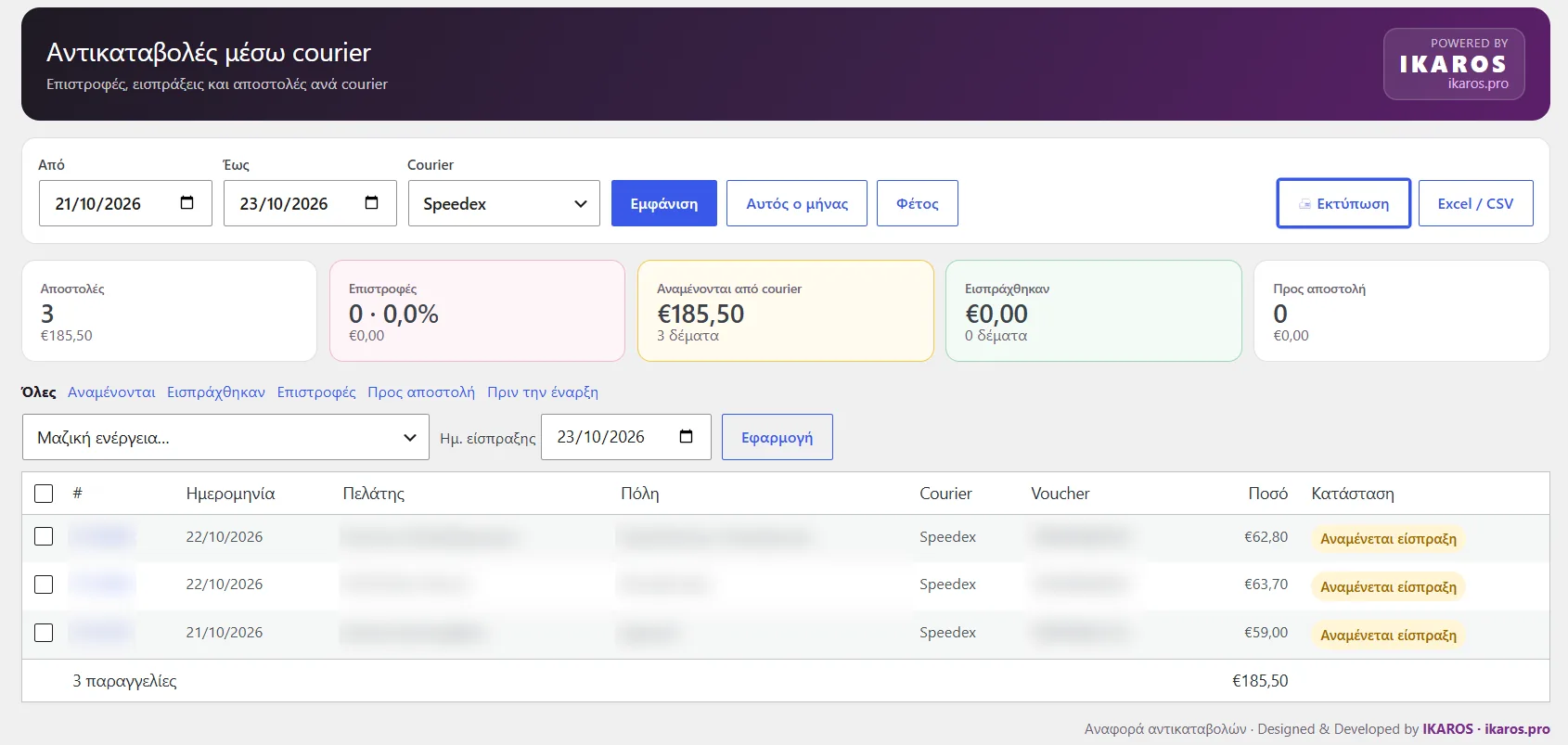 The cash-on-delivery report, with customer details hidden