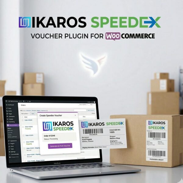 Ikaros Speedex Voucher-plugin voor WooCommerce - productafbeelding Ikaros Speedex-voucherplugin voor WooCommerce – maak Speedex-verzendbonnen aan, druk ze af en beheer ze rechtstreeks vanuit uw bestellingen.